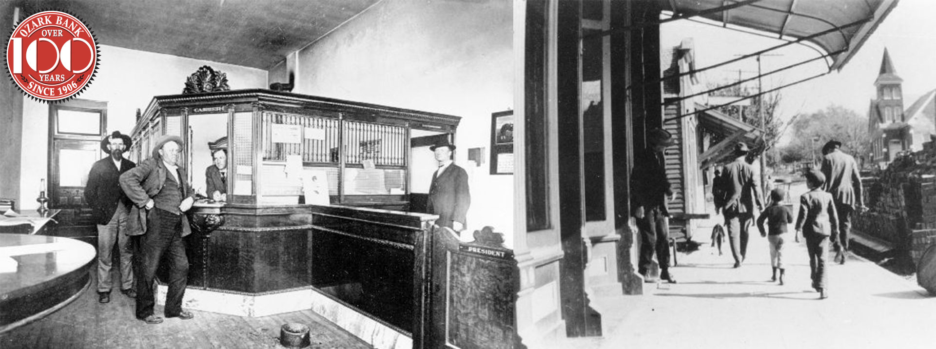 Ozark Bank historical image with bank interior and street